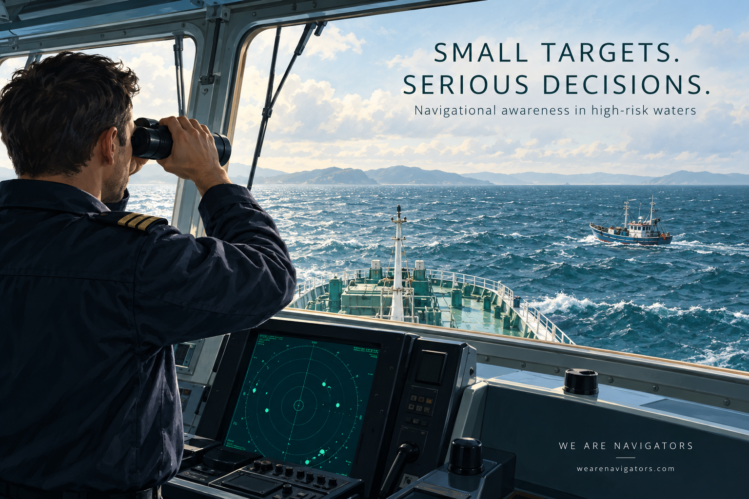 Illustration of a deck officer observing a distant fishing boat from a merchant ship's bridge, with a radar console in the foreground.