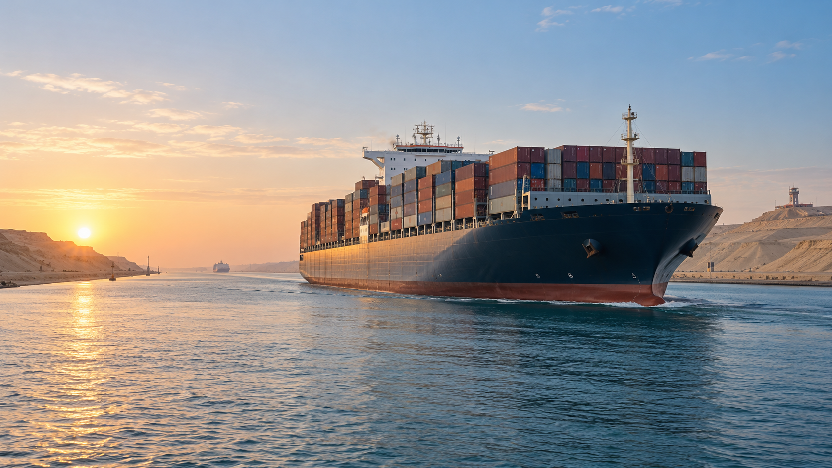 Cargo ship transiting the Suez Canal at sunrise, with desert banks on either side