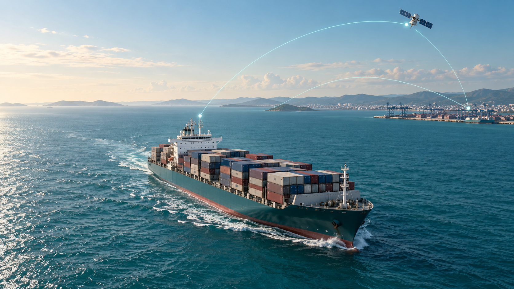 Concept illustration of a merchant ship exchanging maritime data with shore infrastructure and a satellite.