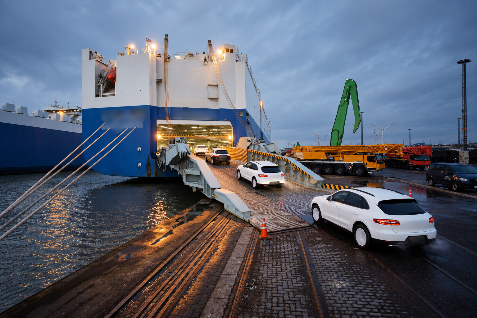 RoRo vessel loading vehicles at port