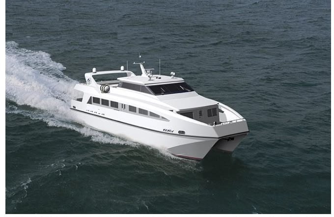 AL-2200 aluminium passenger catamaran underway at speed on open water
