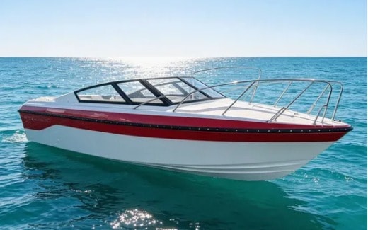 HD-760 motorboat with windscreen underway on open water
