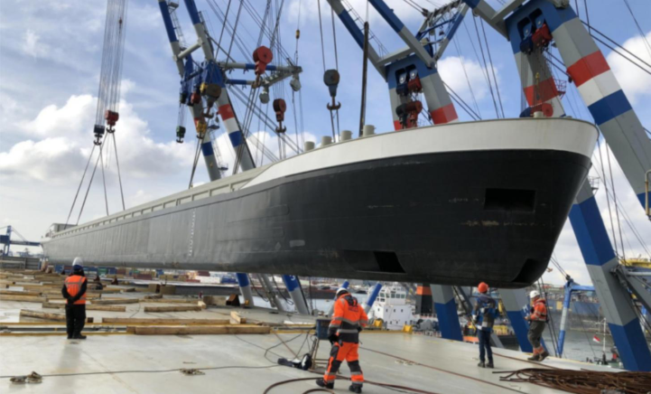 WAN-BARGE-001 unfinished Dutch container river barge at shipyard