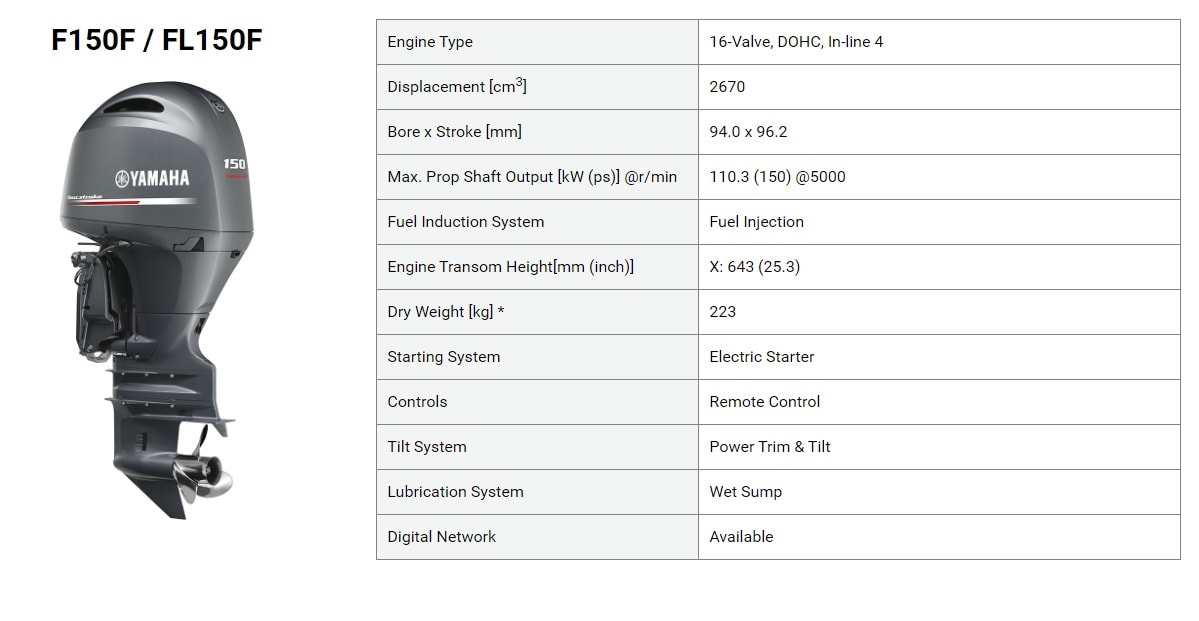Yamaha F150F four-stroke outboard engine specification sheet